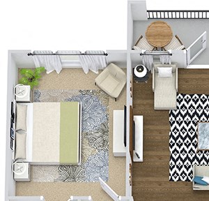 The Zilker 3D The Zilker 3D. 2 bedroom apartment. Kitchen with bartop open to living room. 2 full bathrooms, double vanity in master, shower stall in guest. Walk-in closets. Patio/balcony.